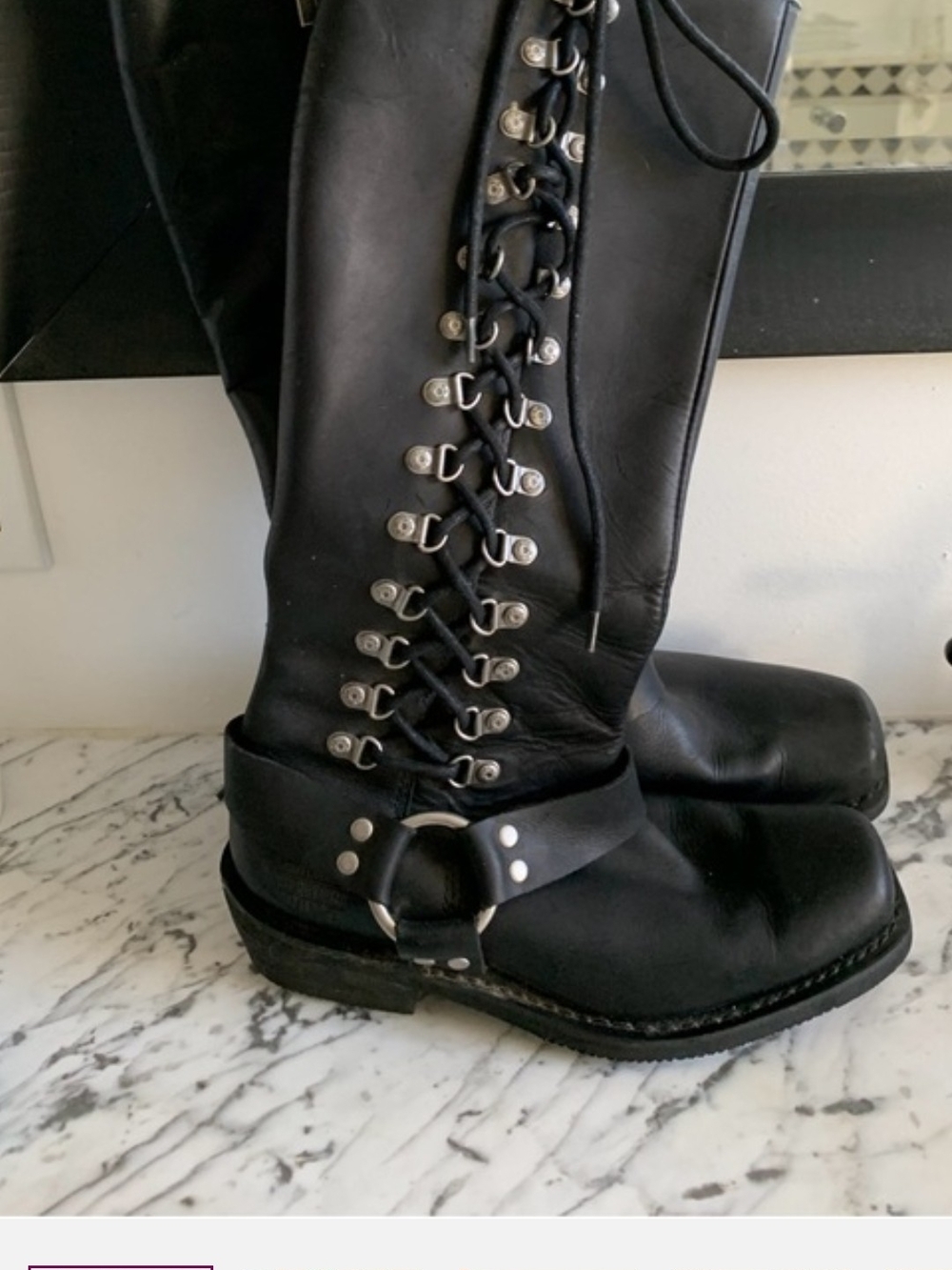 Harley-Davidson Black Leather Lace-Up Biker Boots with Harness Strap